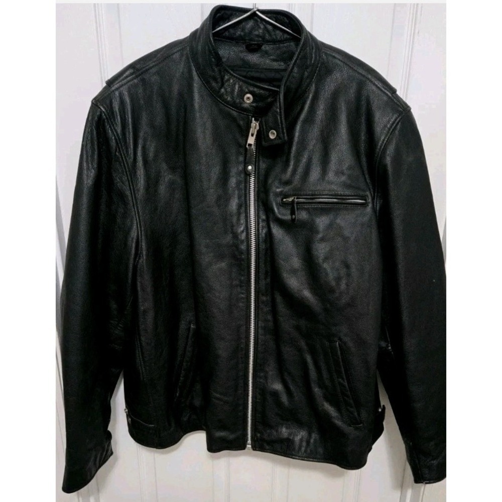 Men's Black Leather Biker Jacket - Classic Zip Front